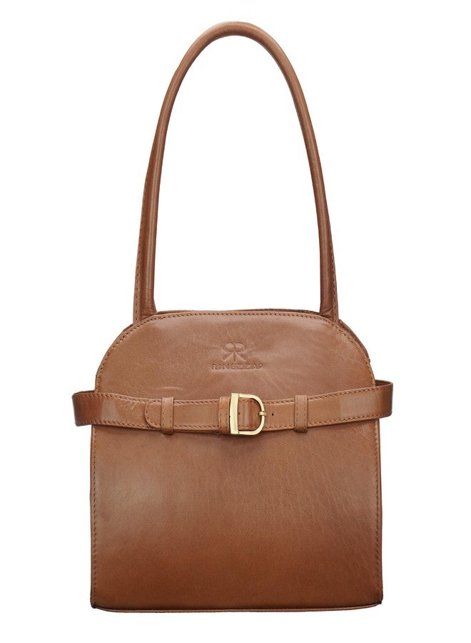 RINEZZA Genuine Leather Satchel Handbag for Women,Gold-Tone Buckle, Tan - Image 1